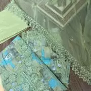 Pastel floral printed pure cotton unstitched suit set with Lace detailing and Chiffon dupatta