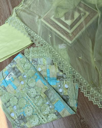Pastel floral printed pure cotton unstitched suit set with Lace detailing and Chiffon dupatta