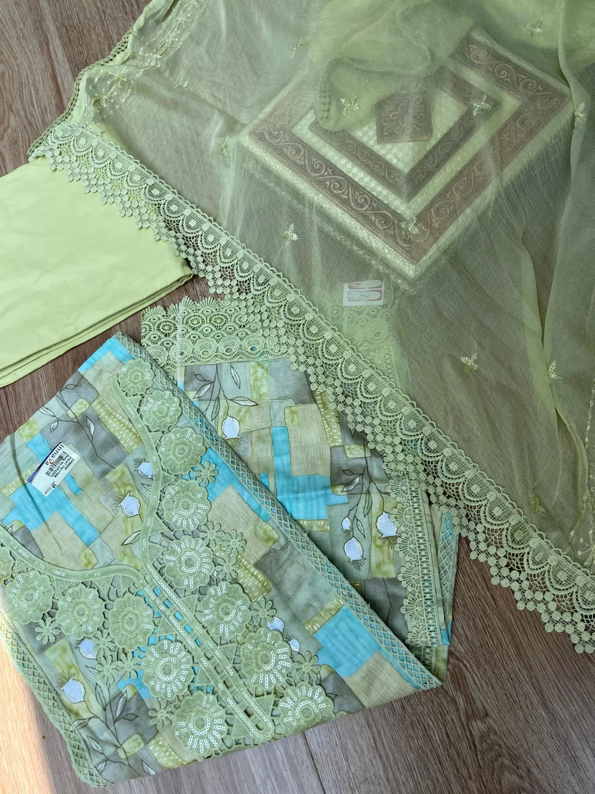 Pastel floral printed pure cotton unstitched suit set with Lace detailing and Chiffon dupatta