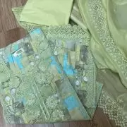 Pastel floral printed pure cotton unstitched suit set with Lace detailing and Chiffon dupatta