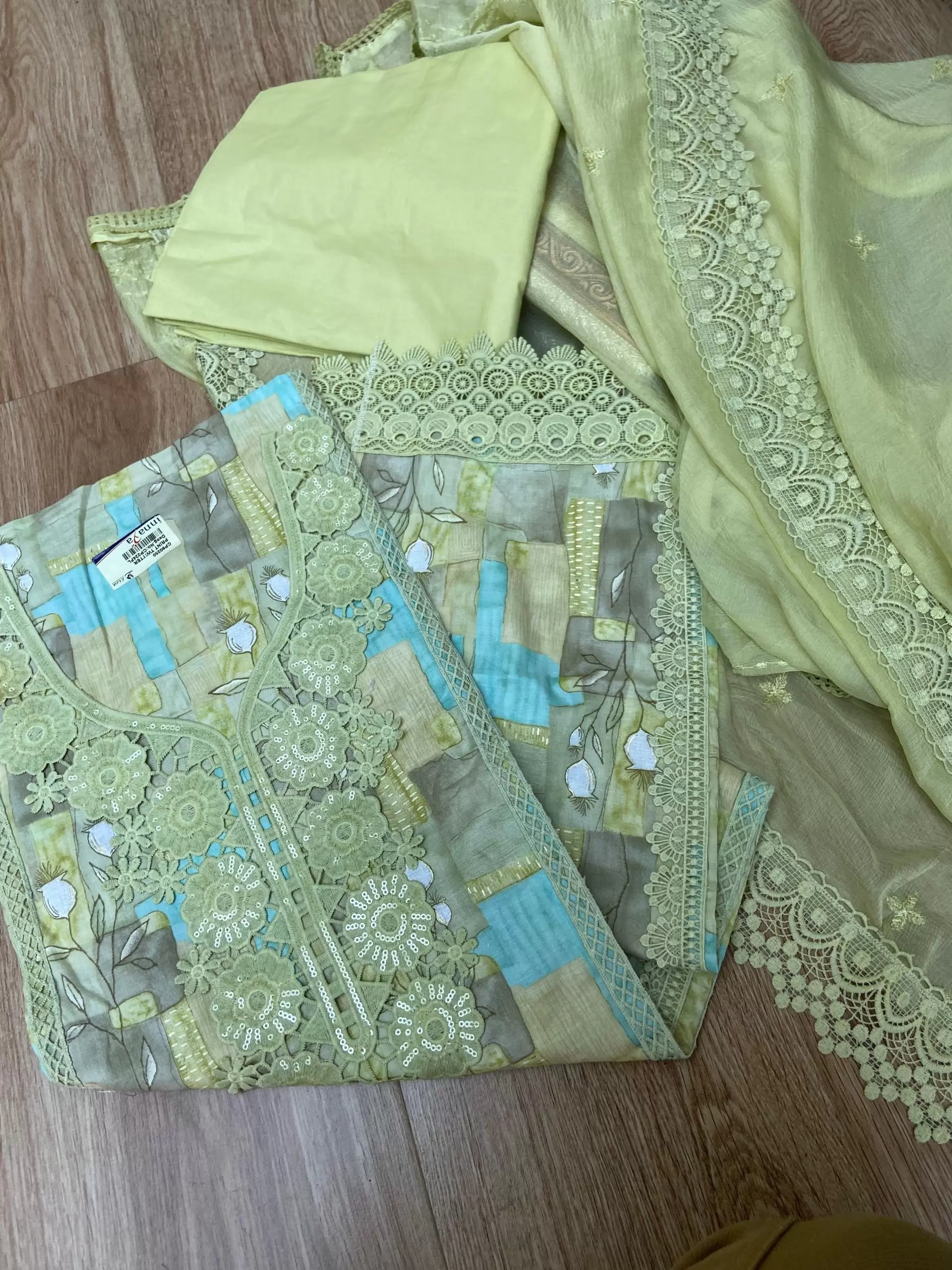 Pastel floral printed pure cotton unstitched suit set with Lace detailing and Chiffon dupatta