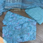 Blue floral printed pure cotton unstitched suit set with Lace detailing and Chiffon dupatta