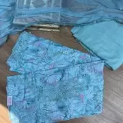 Blue floral printed pure Russian cotton unstitched suit set with thread embroidery and Chiffon dupatta