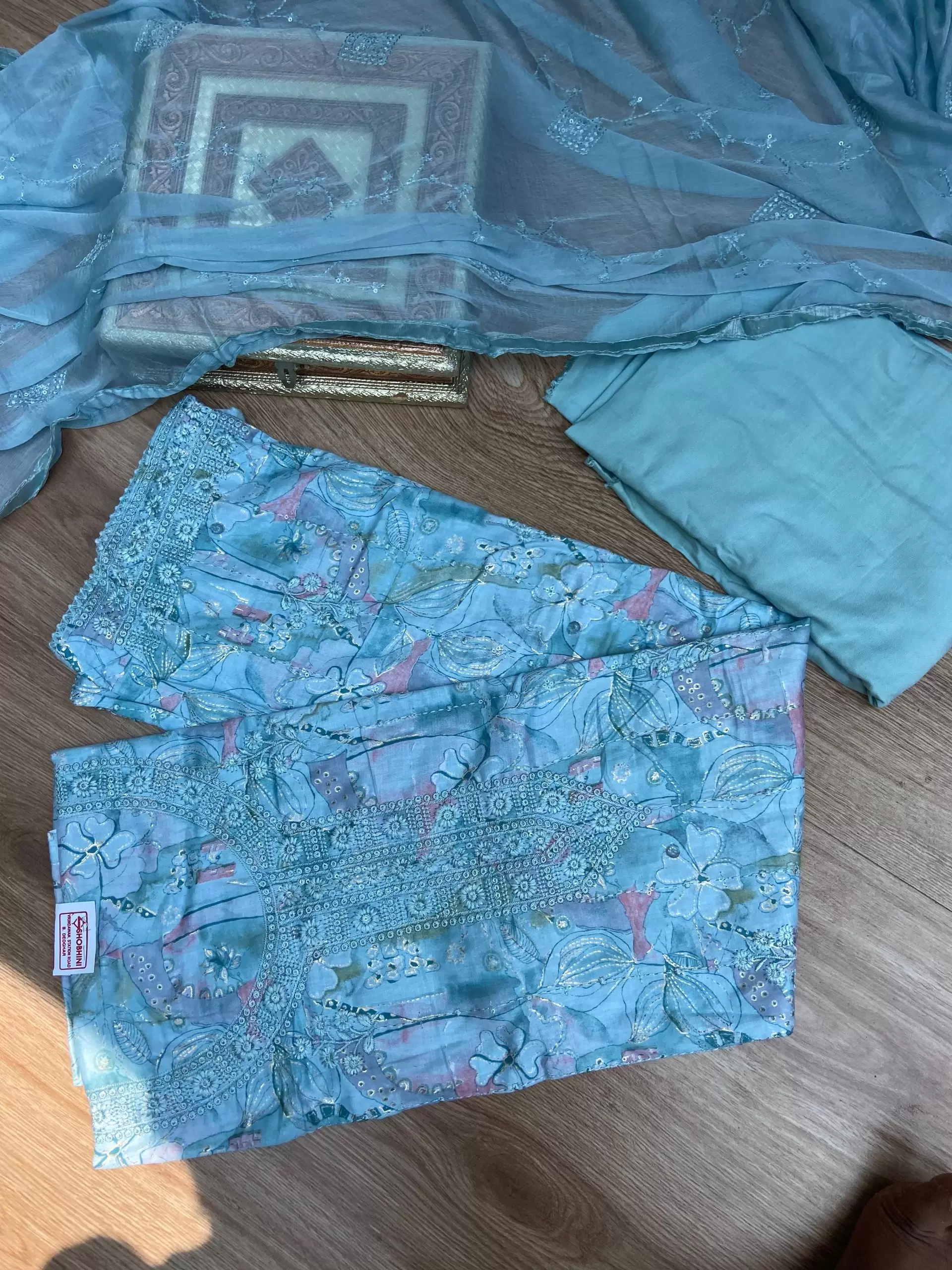 Blue floral printed pure Russian cotton unstitched suit set with thread embroidery and Chiffon dupatta