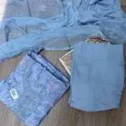 Blue floral printed pure cotton unstitched suit set with Lace detailing and Chiffon dupatta