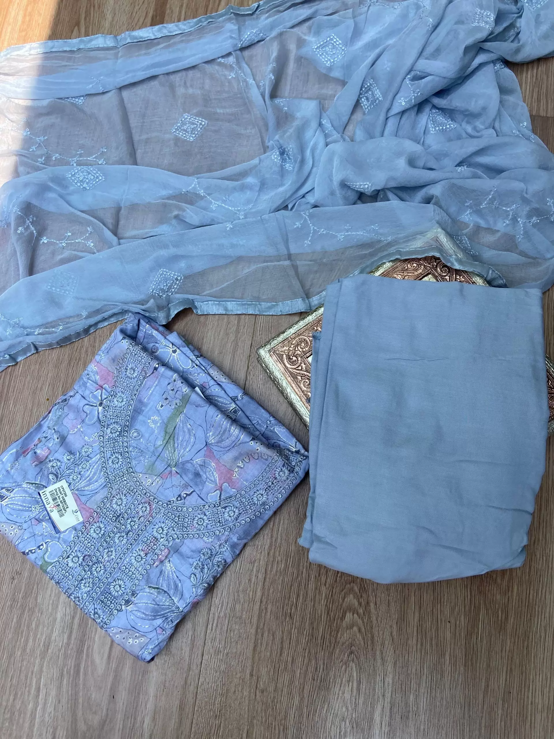 Blue floral printed pure cotton unstitched suit set with Lace detailing and Chiffon dupatta