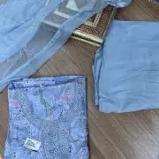 Blue floral printed pure cotton unstitched suit set with Lace detailing and Chiffon dupatta