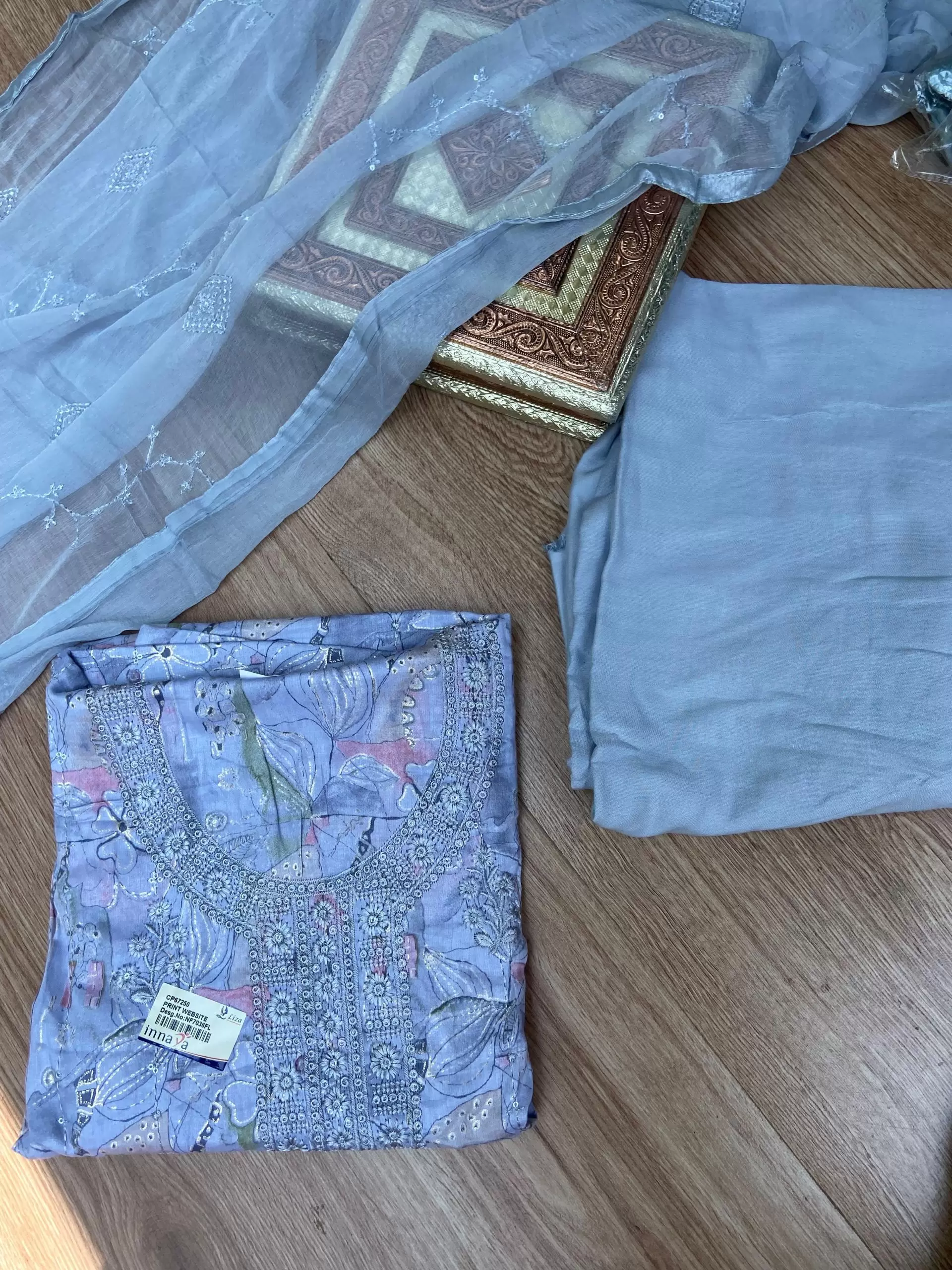 Blue floral printed pure cotton unstitched suit set with Lace detailing and Chiffon dupatta