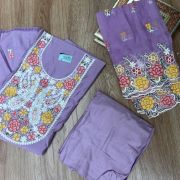 Lavender Purple pure cotton heavy multi coloured thread embroidered unstitched suit set with organza dupatta