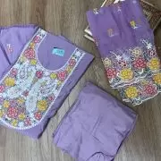 Lavender Purple pure cotton heavy multi coloured thread embroidered unstitched suit set with organza dupatta