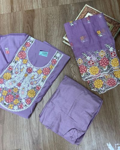 Lavender Purple pure cotton heavy multi coloured thread embroidered unstitched suit set with organza dupatta