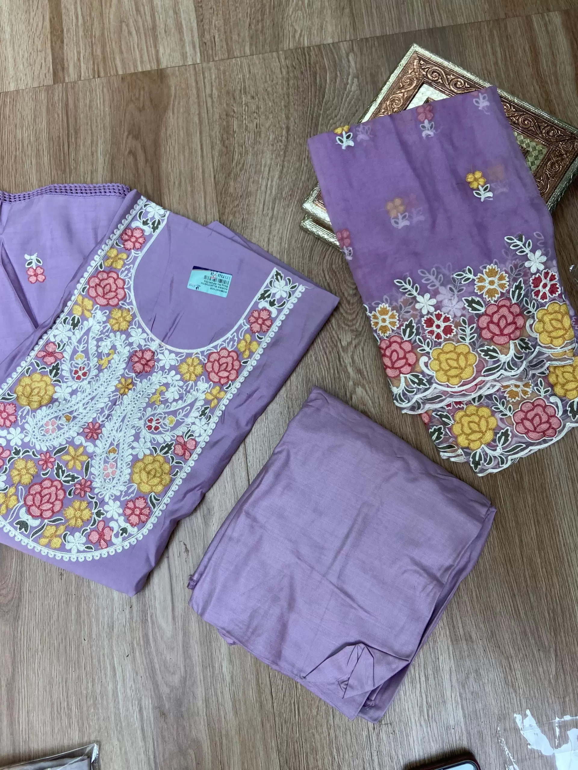 Lavender Purple pure cotton heavy multi coloured thread embroidered unstitched suit set with organza dupatta