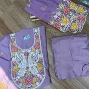 Lavender Purple pure cotton heavy multi coloured thread embroidered unstitched suit set with organza dupatta