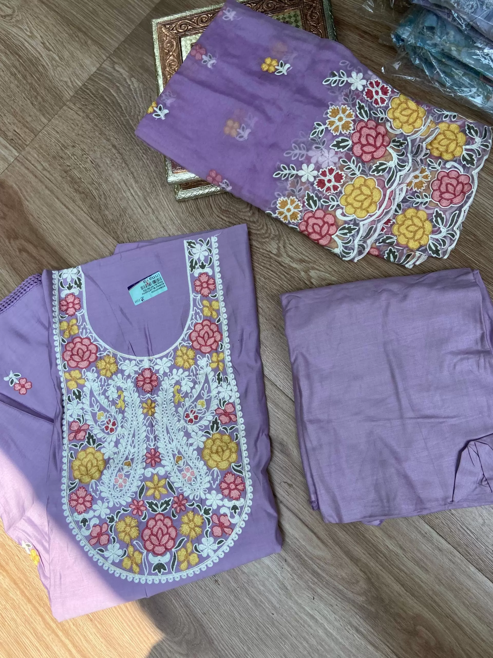 Lavender Purple pure cotton heavy multi coloured thread embroidered unstitched suit set with organza dupatta
