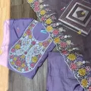 Lavender Purple pure cotton heavy multi coloured thread embroidered unstitched suit set with organza dupatta