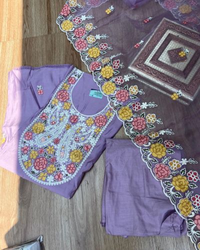 Lavender Purple pure cotton heavy multi coloured thread embroidered unstitched suit set with organza dupatta