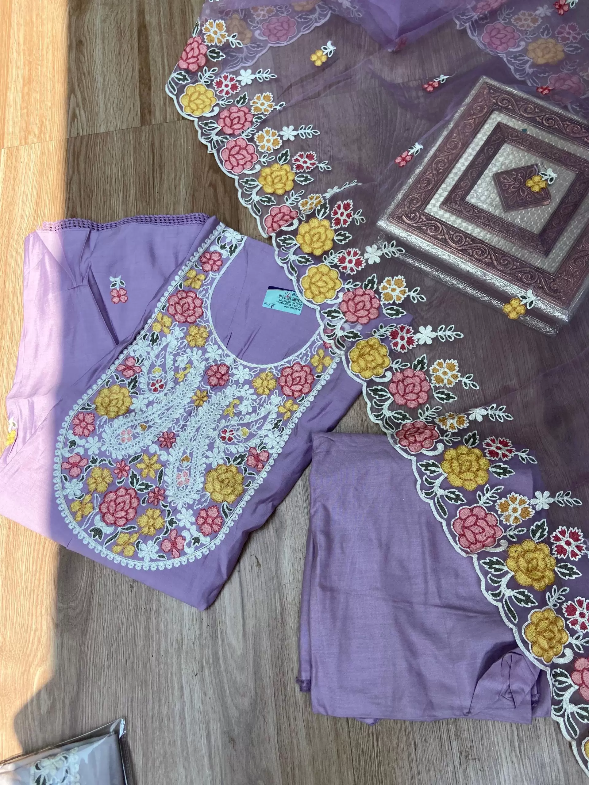 Lavender Purple pure cotton heavy multi coloured thread embroidered unstitched suit set with organza dupatta