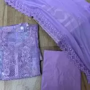 Purple floral printed pure cotton unstitched suit set with Lace detailing and Chiffon dupatta