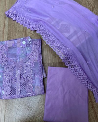 Purple floral printed pure cotton unstitched suit set with Lace detailing and Chiffon dupatta