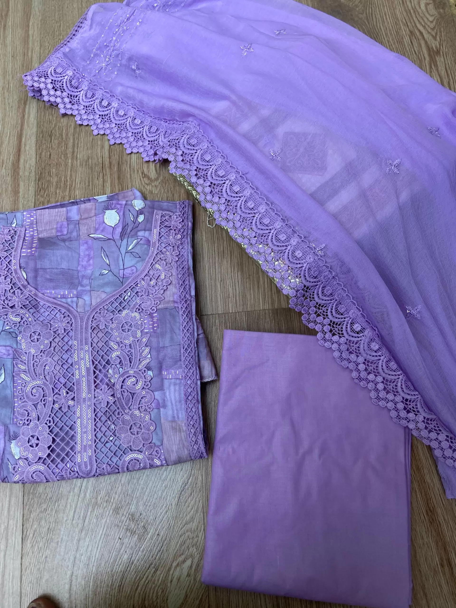 Purple floral printed pure cotton unstitched suit set with Lace detailing and Chiffon dupatta