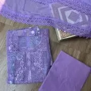 Purple floral printed pure cotton unstitched suit set with Lace detailing and Chiffon dupatta