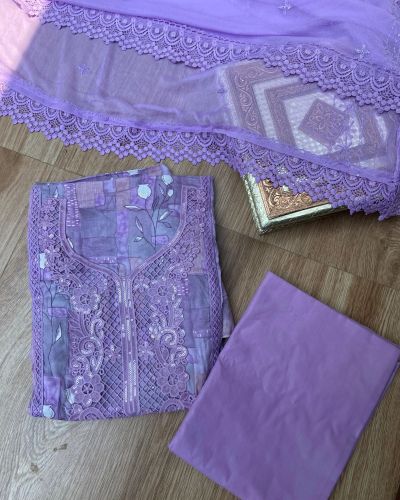 Purple floral printed pure cotton unstitched suit set with Lace detailing and Chiffon dupatta