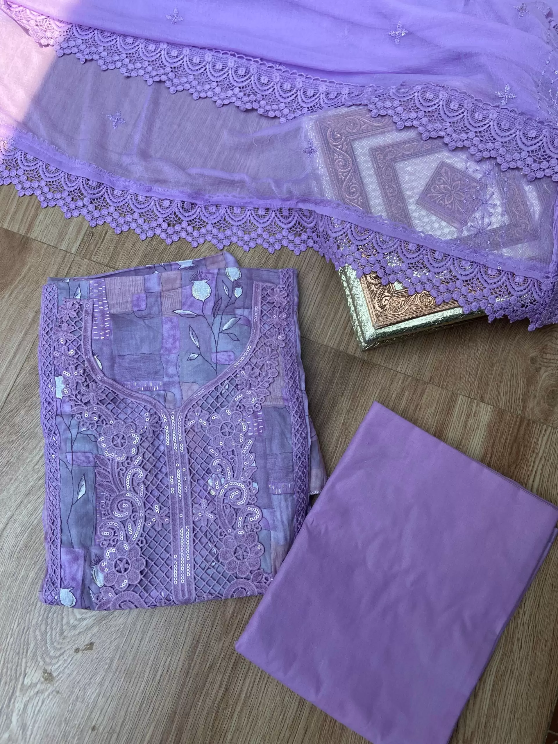 Purple floral printed pure cotton unstitched suit set with Lace detailing and Chiffon dupatta