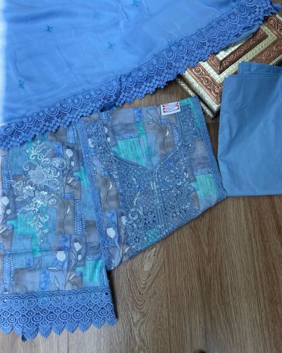 Blue floral printed pure cotton unstitched suit set with Lace detailing and Chiffon dupatta