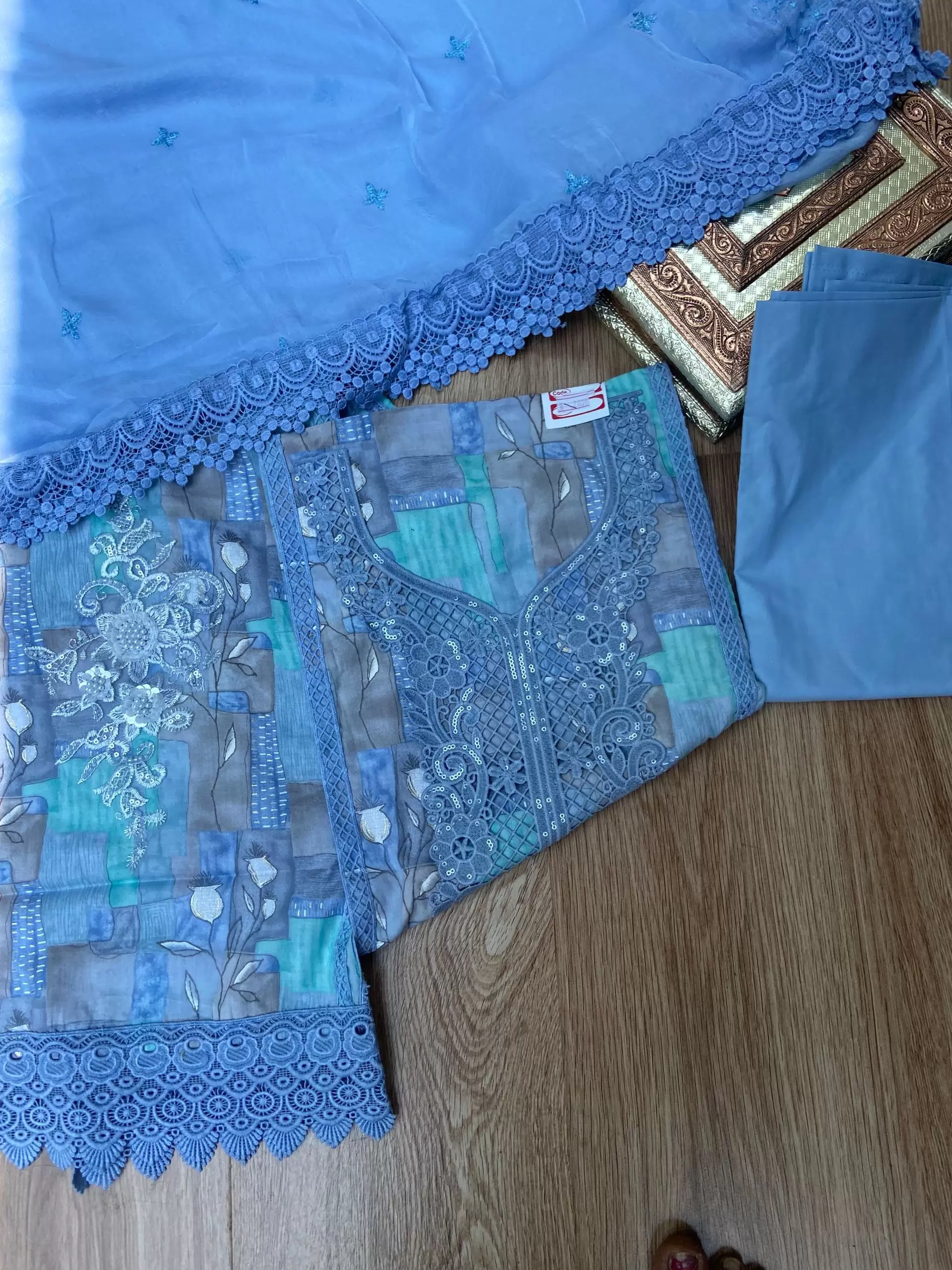 Blue floral printed pure cotton unstitched suit set with Lace detailing and Chiffon dupatta