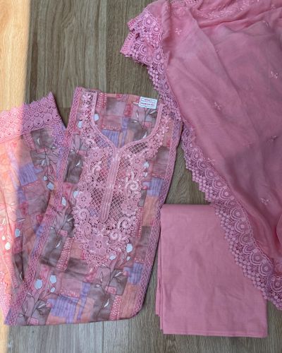 Pink floral printed pure cotton unstitched suit set with Lace detailing and Chiffon dupatta