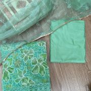 Green floral printed Organza unstitched suit set with Cut dana & sequin embroidery, Lace detailing and dupatta