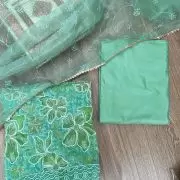 Green floral printed Organza unstitched suit set with Cut dana & sequin embroidery, Lace detailing and dupatta