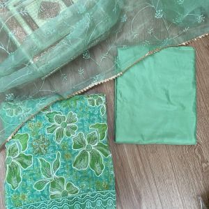 Green floral printed Organza unstitched suit set with Cut dana & sequin embroidery, Lace detailing and dupatta