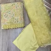 Yellow floral printed Organza unstitched suit set with Cut dana & sequin embroidery, Lace detailing and dupatta