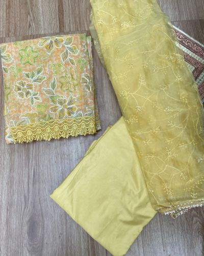 Yellow floral printed Organza unstitched suit set with Cut dana & sequin embroidery, Lace detailing and dupatta