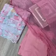 Pink floral printed pure Russian cotton unstitched suit set with thread embroidery and Chiffon dupatta