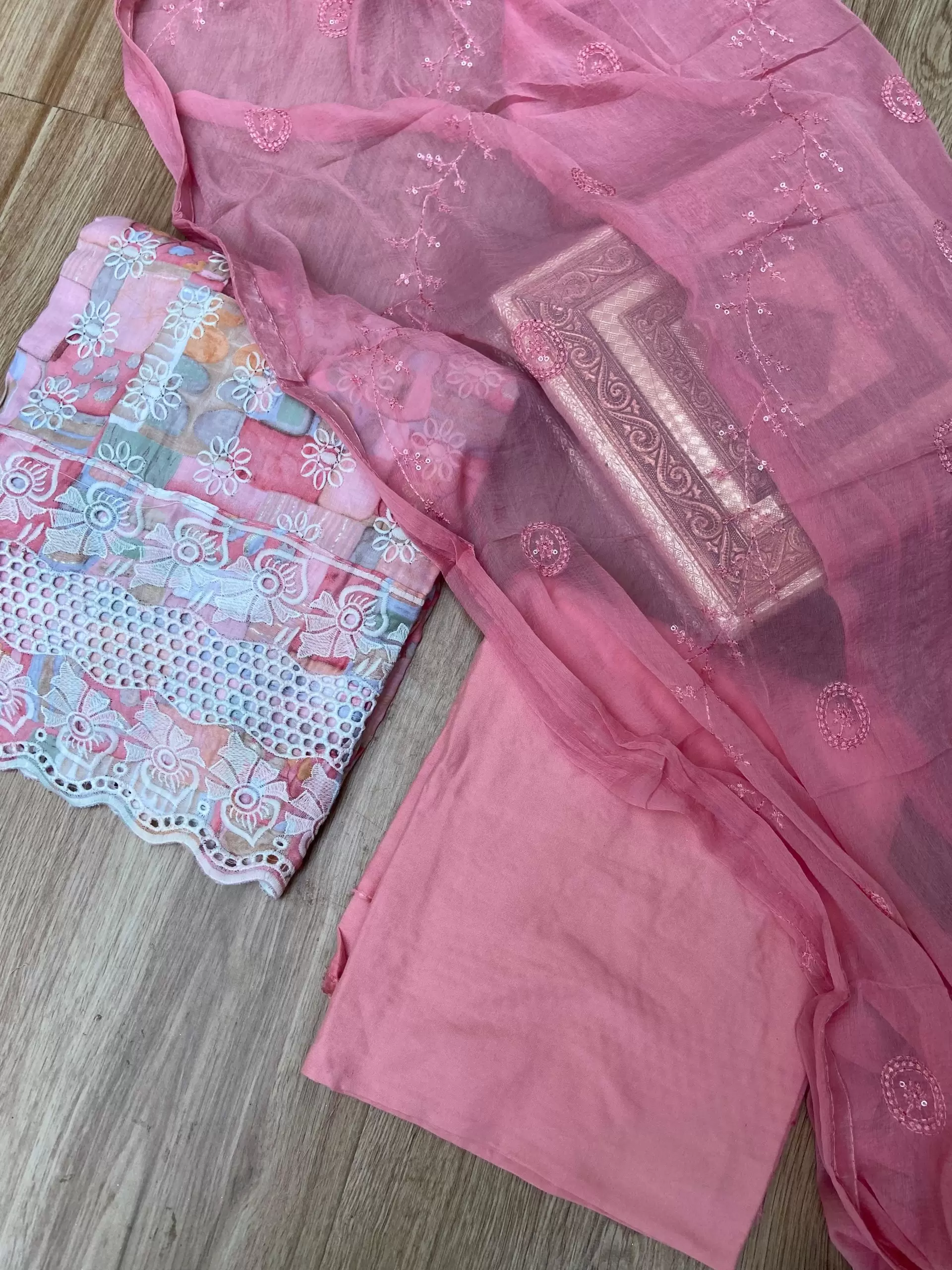 Pink floral printed pure Russian cotton unstitched suit set with thread embroidery and Chiffon dupatta