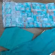 Blue floral printed pure Russian cotton unstitched suit set with thread embroidery and Chiffon dupatta