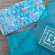 Blue floral printed pure Russian cotton unstitched suit set with thread embroidery and Chiffon dupatta