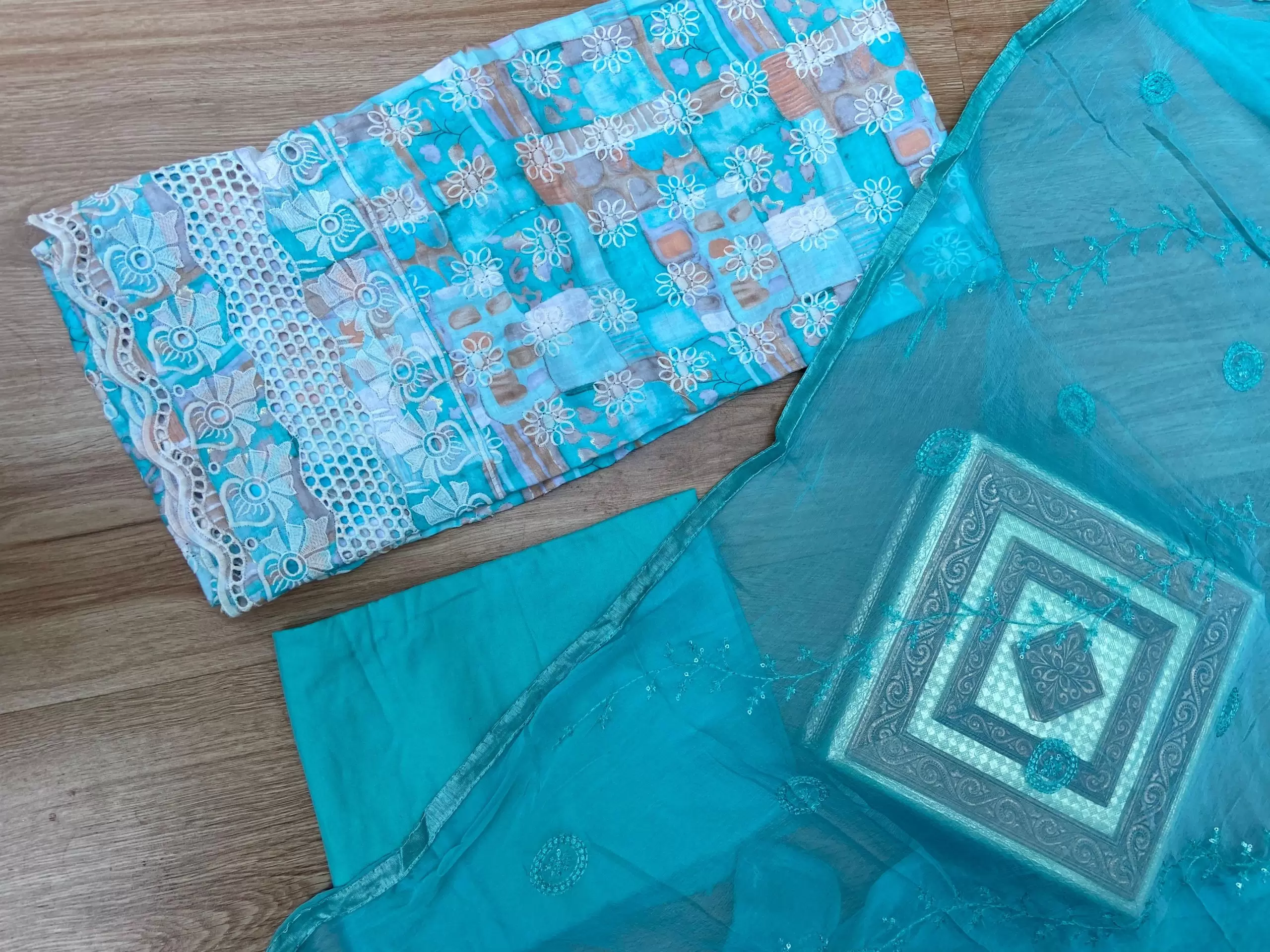 Blue floral printed pure Russian cotton unstitched suit set with thread embroidery and Chiffon dupatta