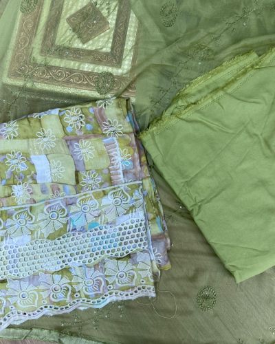 Oliver Green floral printed pure Russian cotton unstitched suit set with thread embroidery and Chiffon dupatta