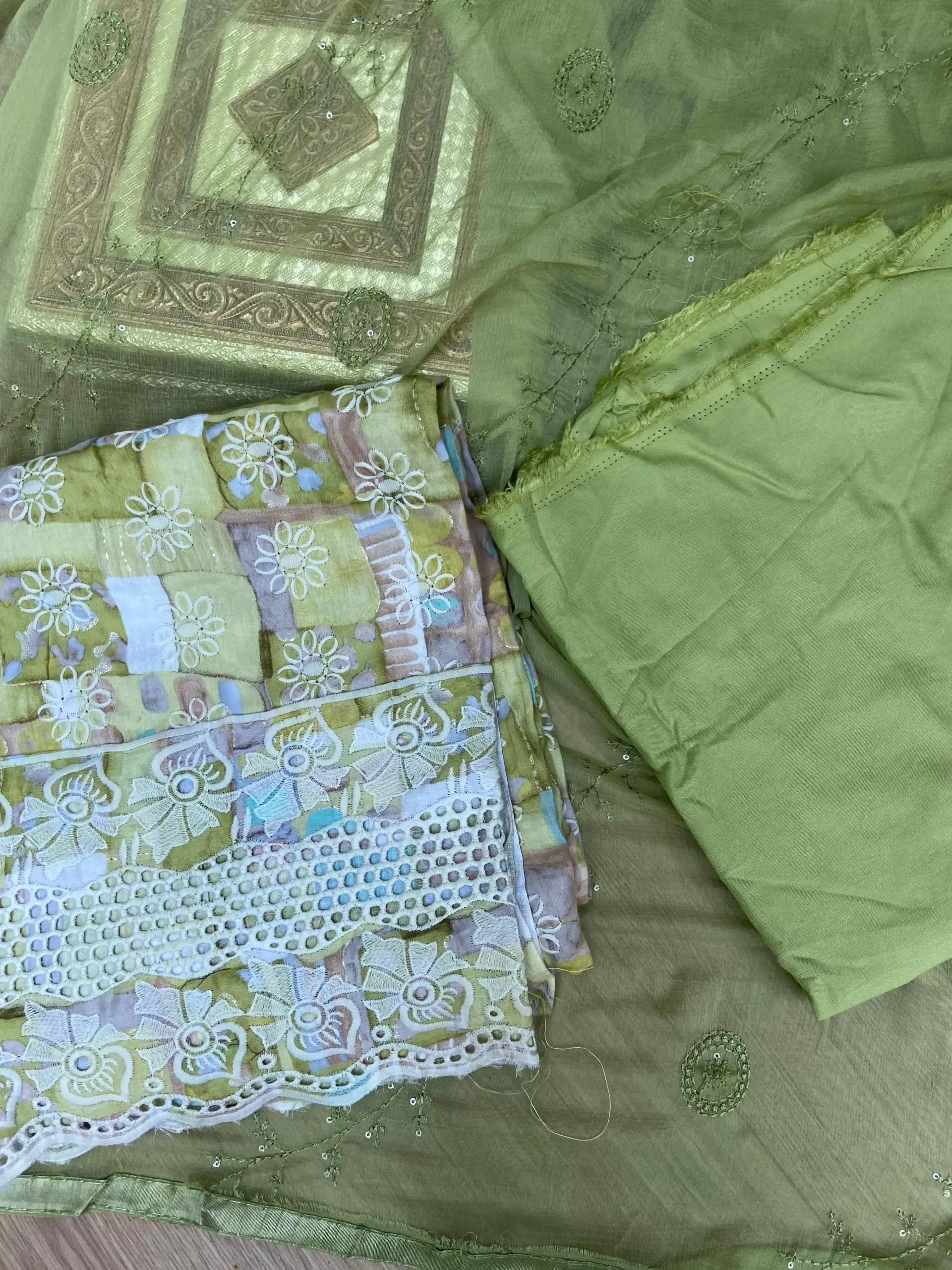 Oliver Green floral printed pure Russian cotton unstitched suit set with thread embroidery and Chiffon dupatta