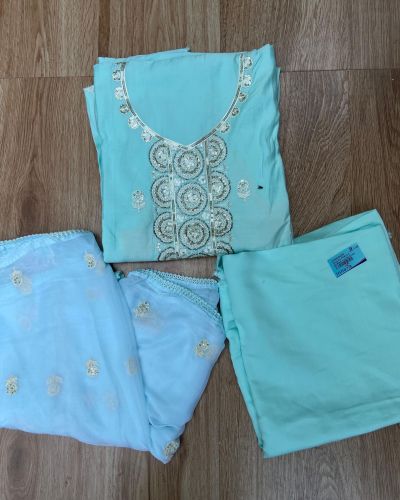 Blue Pure Russian Cotton Unstitched Suit Set with Sequin & Cut Dana Embroidery on Neckline and Chiffon Dupatta