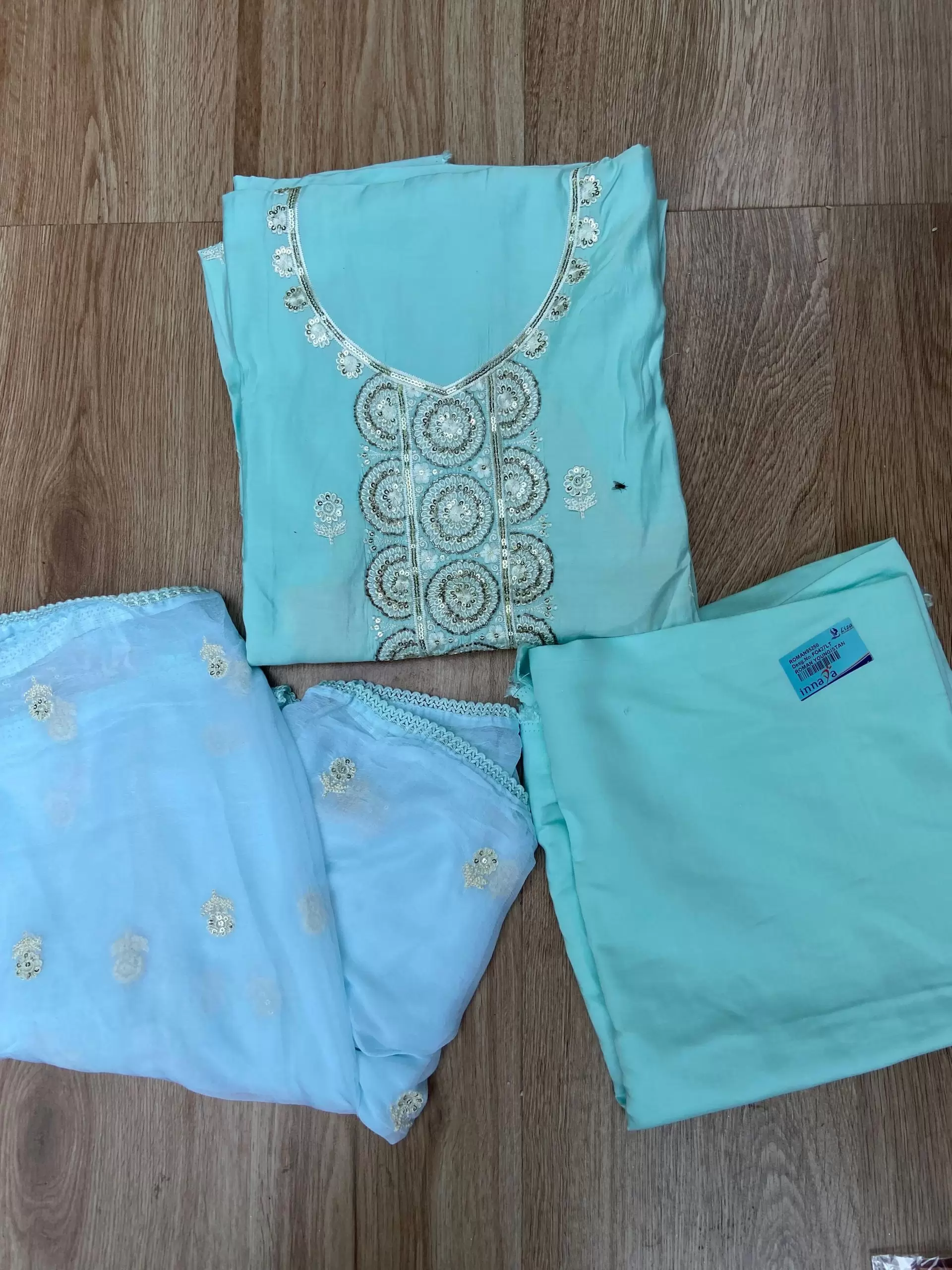 Blue Pure Russian Cotton Unstitched Suit Set with Sequin & Cut Dana Embroidery on Neckline and Chiffon Dupatta