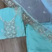 Blue Pure Russian Cotton Unstitched Suit Set with Sequin & Cut Dana Embroidery on Neckline and Chiffon Dupatta