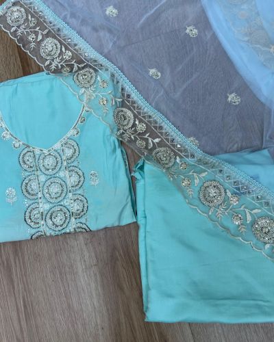 Blue Pure Russian Cotton Unstitched Suit Set with Sequin & Cut Dana Embroidery on Neckline and Chiffon Dupatta