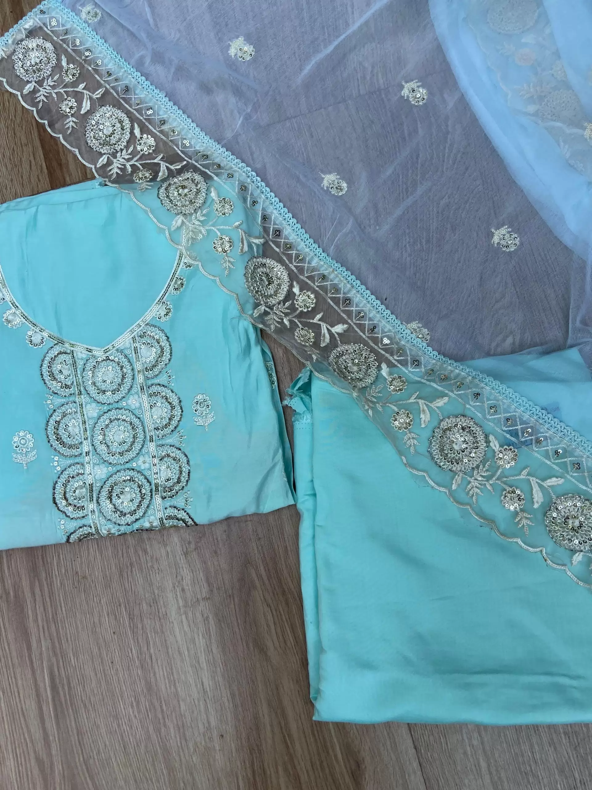 Blue Pure Russian Cotton Unstitched Suit Set with Sequin & Cut Dana Embroidery on Neckline and Chiffon Dupatta