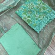 Green floral printed Organza unstitched suit set with Cut dana & sequin embroidery, Lace detailing and dupatta