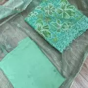 Green floral printed Organza unstitched suit set with Cut dana & sequin embroidery, Lace detailing and dupatta