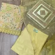 Yellow floral printed Organza unstitched suit set with Cut dana & sequin embroidery, Lace detailing and dupatta